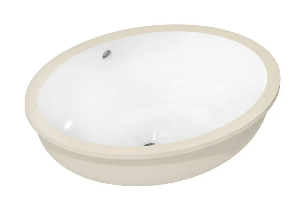 Waschtischbecken von Hansgrohe in rundem Design, mit weißer Innenfläche und beige umlaufendem Rand, ausgestattet mit Überlauf und ohne Hahnloch.